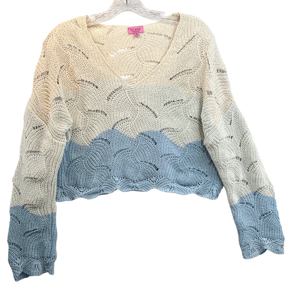 Mi Ami Francesca's Blue Cream Colorblock Pointelle Knit Cropped Sweater Womens M